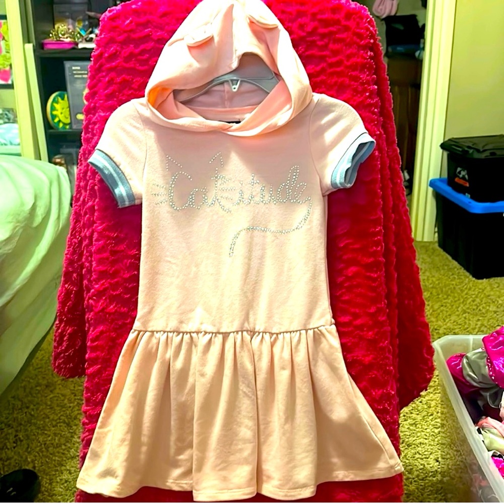 Zunie Pink Hooded Dress with Silver Glitter Kitty text